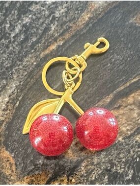 Gold Cherry Keychain Charm with Red Glitter Enamel